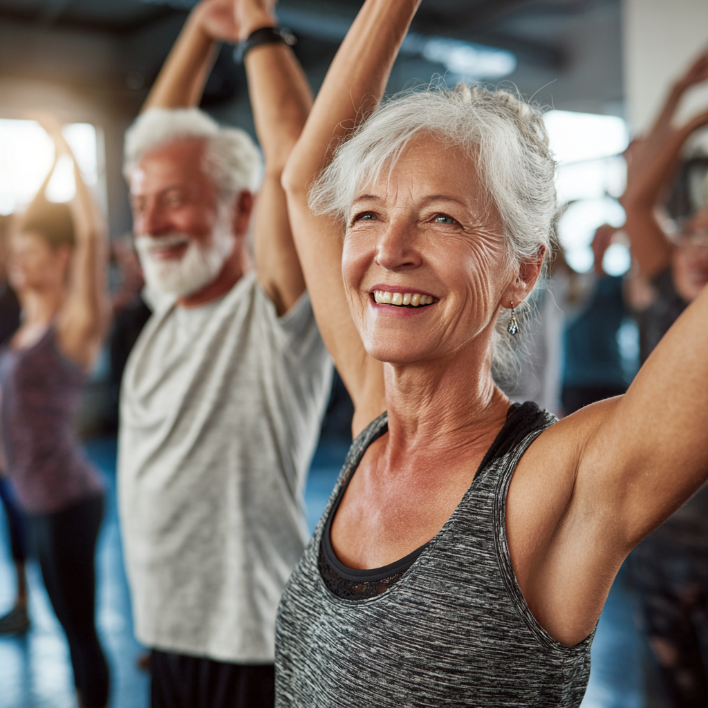 mature adults participating in group fitness session