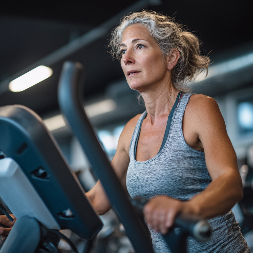middle-aged woman showing fitness transformation results